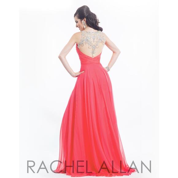 Rachel Allan Crystal Embellished Ruched Maxi Evening Gown Dress Size 2 Coral - Picture 2 of 6